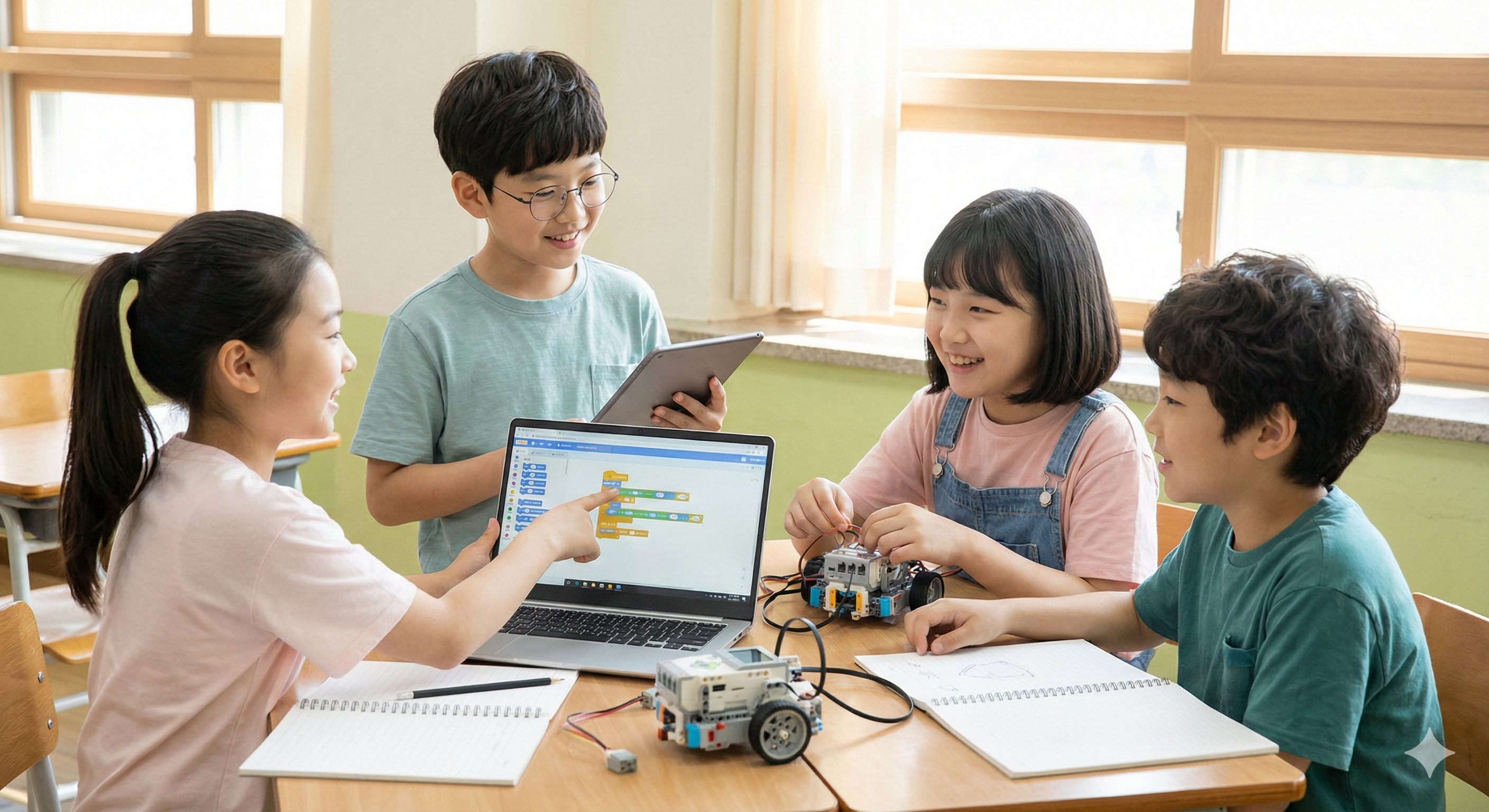 친구들과 협력하여 프로젝트를 수행하는 초등학생들의 PBL 수업 장면, 문제해결중심 학습, 협동심 기르기