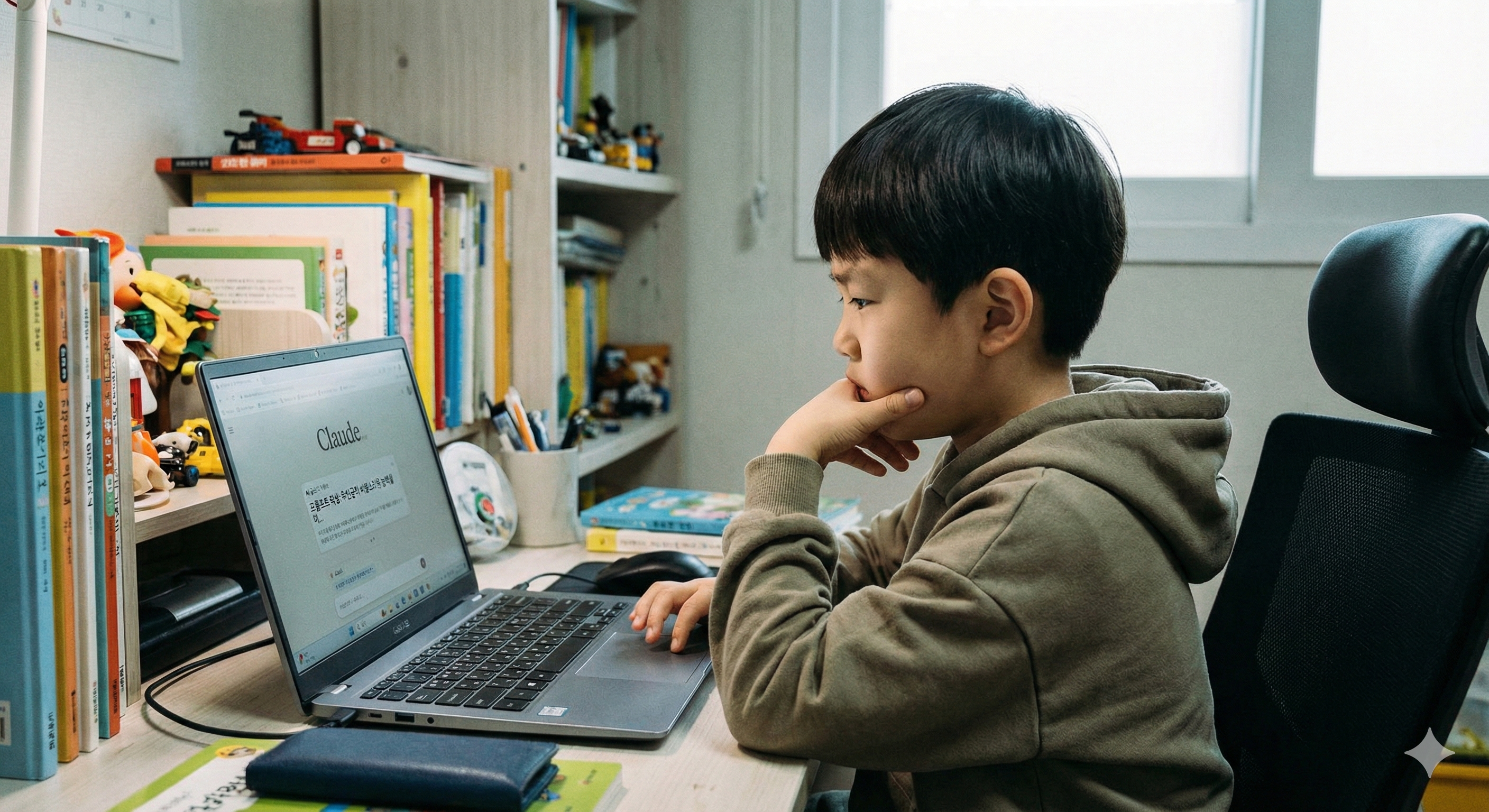 AI 챗봇과 소통하며 문제 해결 방법을 찾는 초등학생의 모습, AI 리터러시 교육, 질문하는 능력 키우기