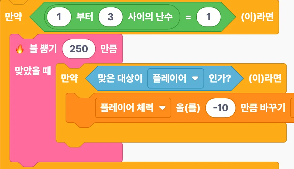 만약 1부터 3 사이의 난수가 1이라면 불을 뿜고, 맞은 대상이 플레이어라면 체력을 -10만큼 바꾸는 블록 스크립트