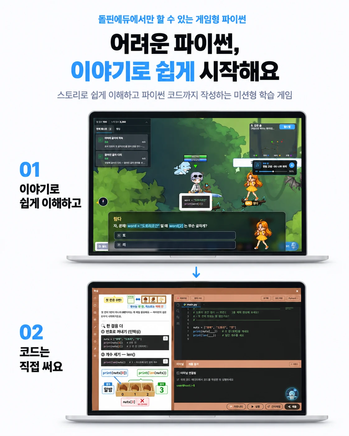 돌핀에듀에서만 할 수 있는 게임형 파이썬. 어려운 파이썬, 이야기로 쉽게 시작해요. 스토리로 쉽게 이해하고 파이썬 코드까지 작성하는 미션형 학습 게임. 01 이야기로 쉽게 이해하고, 02 코드는 직접 써요.