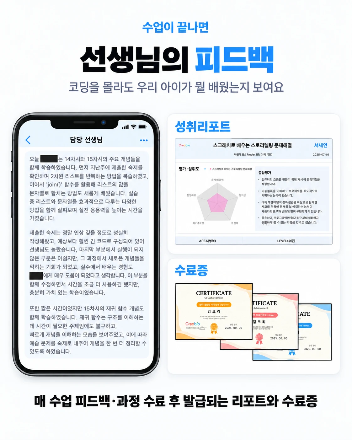 수업이 끝나면 선생님의 피드백. 코딩을 몰라도 우리 아이가 뭘 배웠는지 보여요. 매 수업 후 코치 피드백, 과정 수료 후 성취리포트와 수료증.