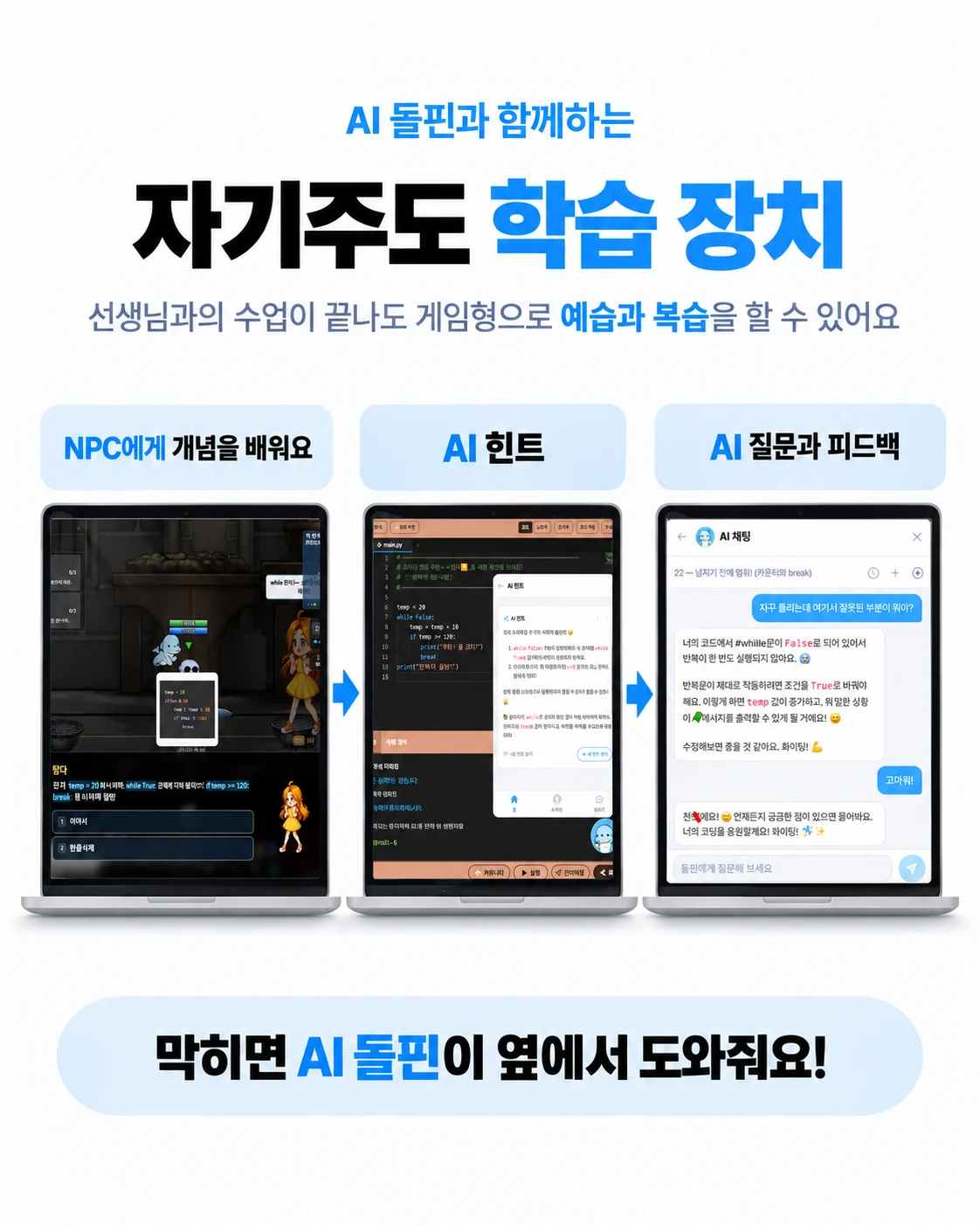 AI 돌핀과 함께하는 자기주도 학습 장치. 막히면 AI 돌핀이 옆에서 도와줘요. 01 NPC에게 개념을 배워요, 02 AI 힌트, 03 AI 질문과 피드백.
