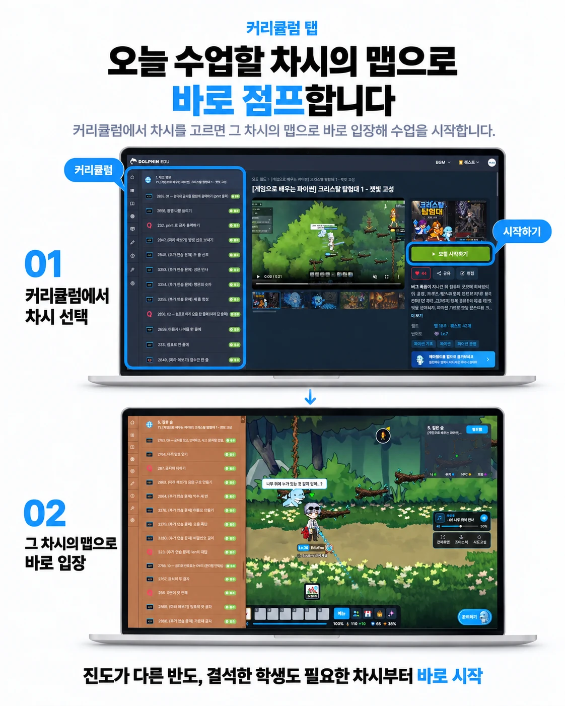 커리큘럼 탭. 오늘 수업할 차시의 맵으로 바로 점프합니다. 01 커리큘럼에서 차시 선택, 02 그 차시의 맵으로 바로 입장. 진도가 다른 반도, 결석한 학생도 필요한 차시부터 바로 시작.