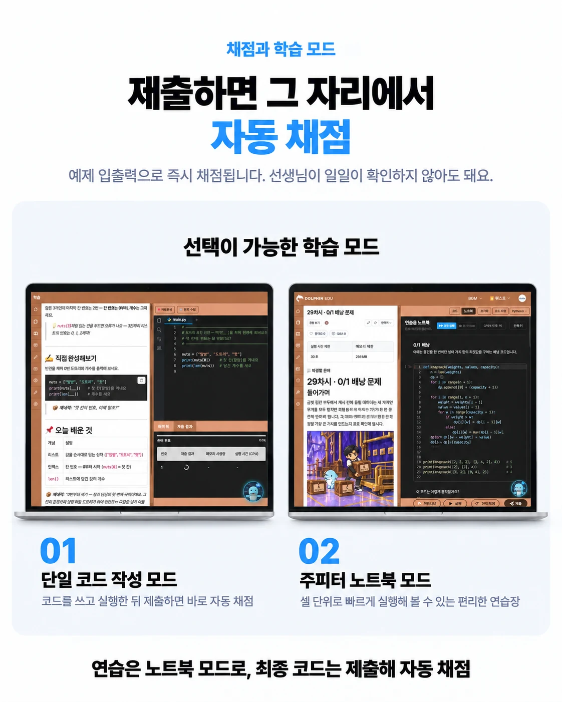 제출하면 그 자리에서 자동 채점. 예제 입출력으로 즉시 채점됩니다. 선택이 가능한 학습 모드: 01 단일 코드 작성 모드 — 코드를 쓰고 실행한 뒤 제출하면 바로 자동 채점, 02 주피터 노트북 모드 — 셀 단위로 빠르게 실행해 볼 수 있는 편리한 연습장.