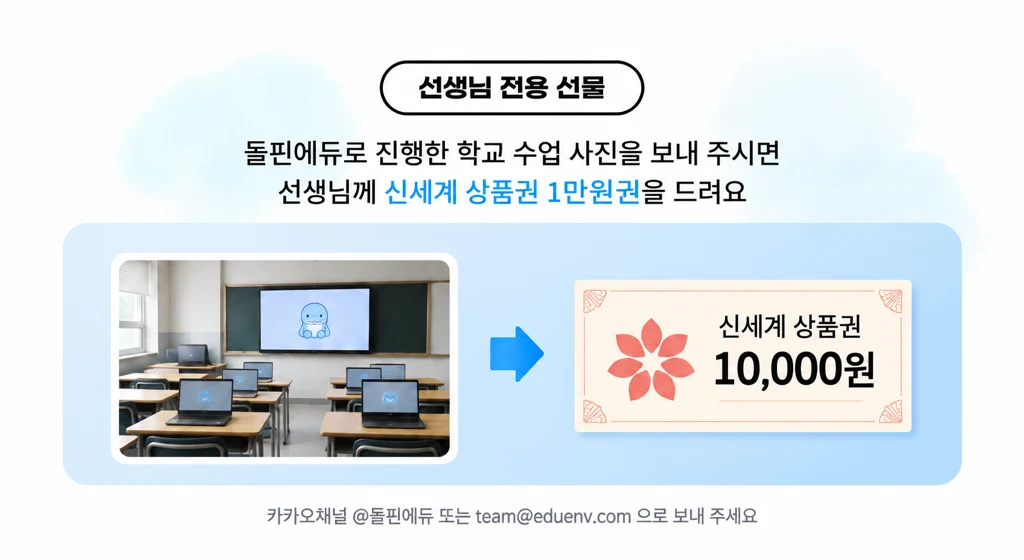 선생님 전용 선물: 돌핀에듀로 진행한 학교 수업 사진을 보내 주시면 선생님께 신세계 상품권 1만원권을 드려요. 카카오채널 @돌핀에듀 또는 team@eduenv.com 으로 보내 주세요.