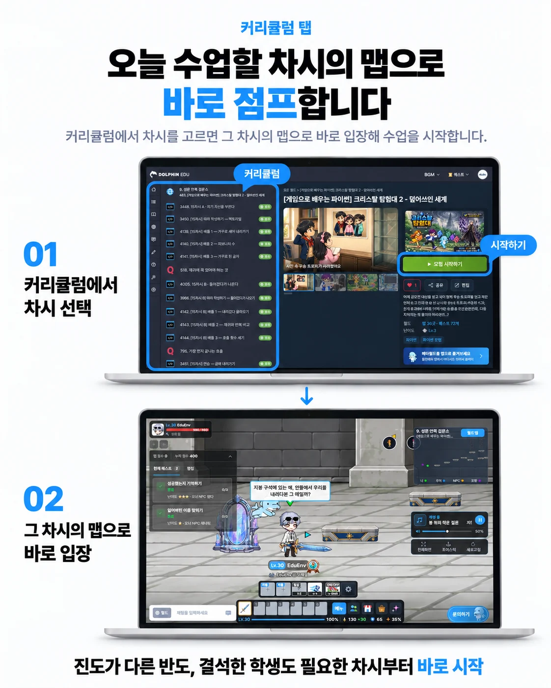 커리큘럼 탭. 오늘 수업할 차시의 맵으로 바로 점프합니다. 01 커리큘럼에서 차시 선택, 02 그 차시의 맵으로 바로 입장. 진도가 다른 반도, 결석한 학생도 필요한 차시부터 바로 시작.