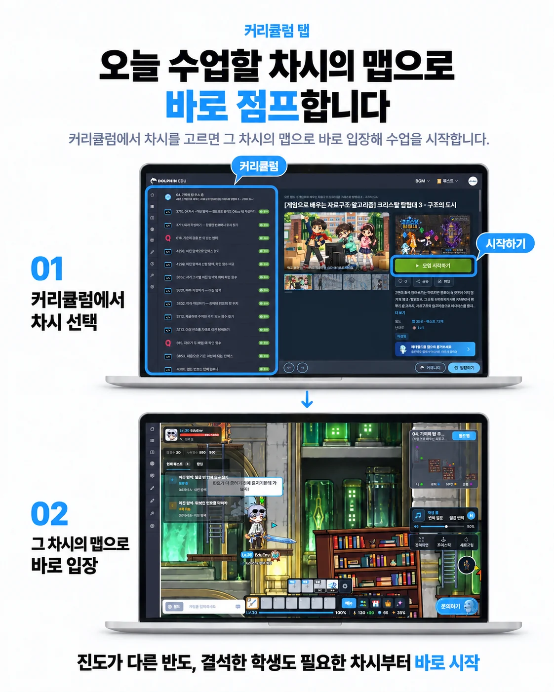 커리큘럼 탭. 오늘 수업할 차시의 맵으로 바로 점프합니다. 01 커리큘럼에서 차시 선택, 02 그 차시의 맵으로 바로 입장. 진도가 다른 반도, 결석한 학생도 필요한 차시부터 바로 시작.