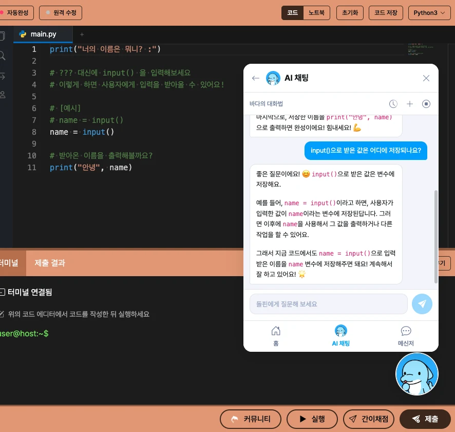 AI 채팅에 input()으로 받은 값이 어디에 저장되는지 묻고 답을 받은 화면
